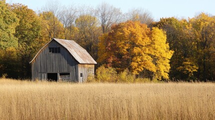 Old Wooden Barn with Rusted Metal Roof Surrounded by Fall Foliage