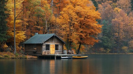 Fototapeta premium A Rustic Cabin on the Edge of an Autumnal Lake