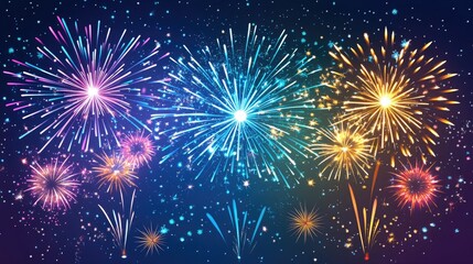 Naklejka premium A vibrant fireworks show illuminates the dark sky, providing a lively and colorful background with plenty of room for copy or design.