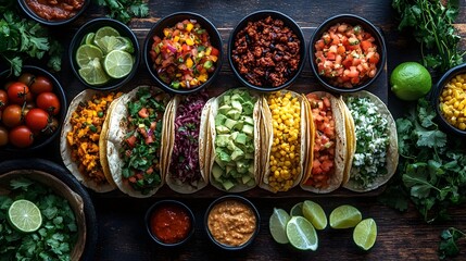 Vibrant Top Down Shot of Tempting Mexican Taco Platter with Colorful Toppings and Fresh Lime Wedges