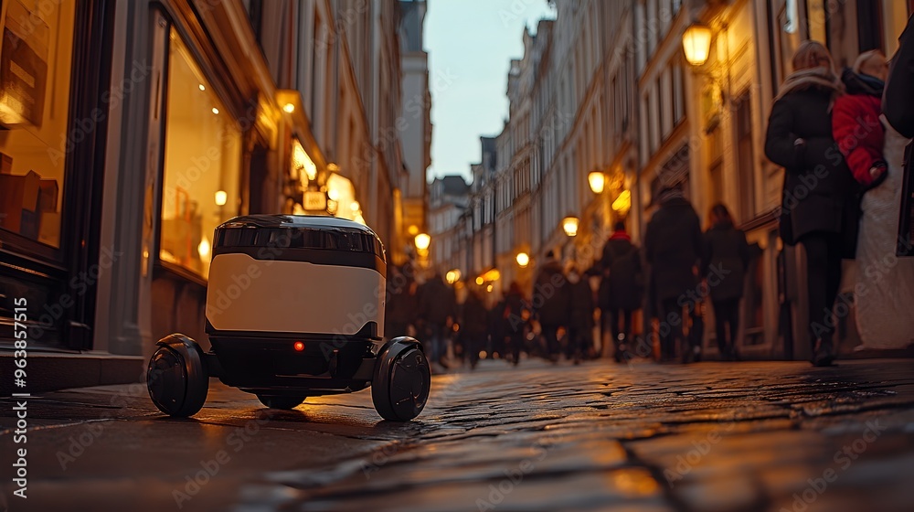 Poster sleek autonomous delivery robot navigating a busy urban street