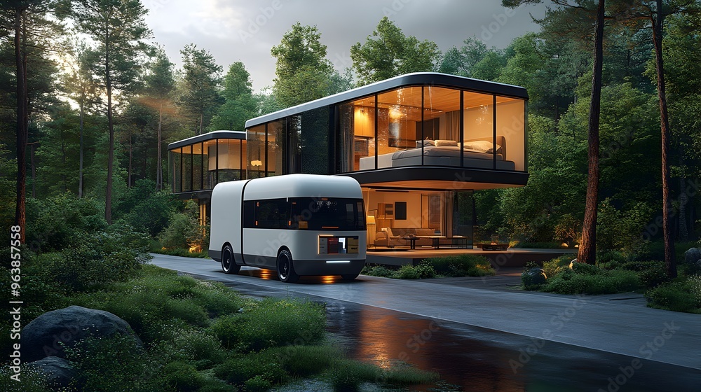 Poster a sleek and modern delivery van pulling up to a smart home in an urban residential setting