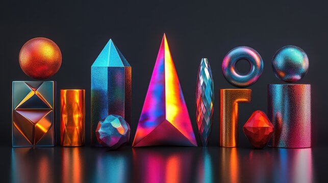 3d assorte3d iridescent geometric shapes abstract objects collection of colorful metallic design elements clip art isolate3d on dark grey background