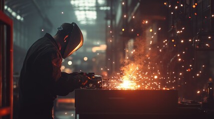A welder at work in a factory, sparks illuminating the scene, demonstrating precision and industrial skill.