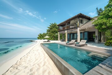 Fototapeta premium A beach house with a pool and a balcony overlooking the ocean