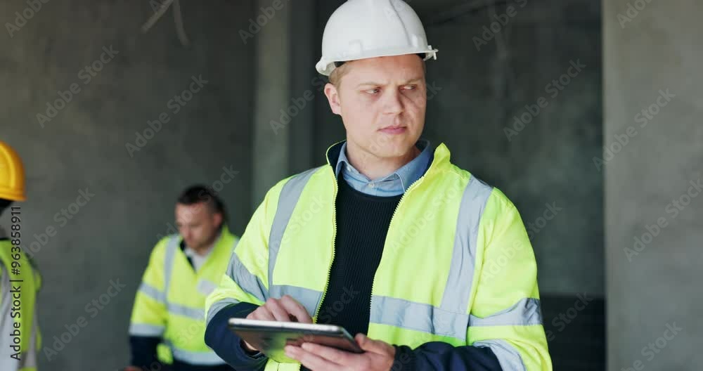 Poster contractor, tablet and engineering with man on construction site for project management, property de