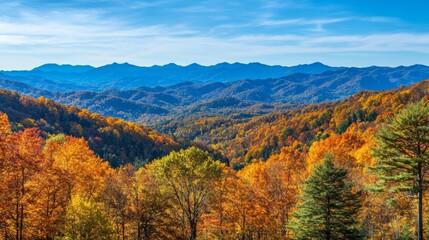 Autumnal Foliage and Blue Mountains in Smoky Mountains National Park