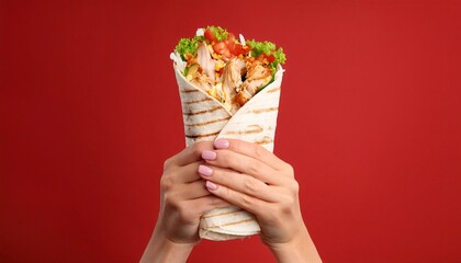 Woman’s hand holding a delicious doner kebab against a red backdrop.