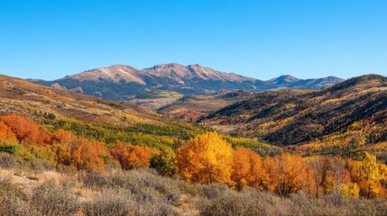 Mountainside with Vibrant Autumn Foliage and a Clear Blue Sky