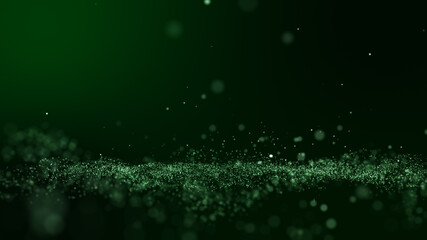 Glitter light green particles stage abstract background. Flickering particles with bokeh effect.