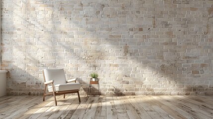 Abstract concept of home decor with white and brown brick backdrop, furniture, and lighting on wooden floor.