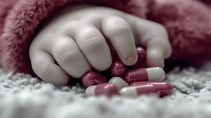 A small hand grasps a handful of pills, a stark reminder of the dangers of medication left within reach of children