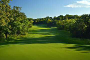 Obraz premium A serene golf course landscape with lush greenery and a clear blue sky, ideal for leisure and outdoor activities.