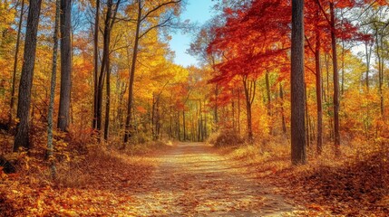 Obraz premium Autumnal Forest Path with Vibrant Foliage