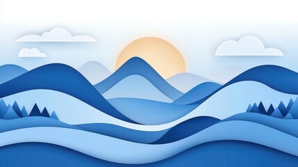 Abstract Blue Mountains Sunset Landscape Paper Cut Design