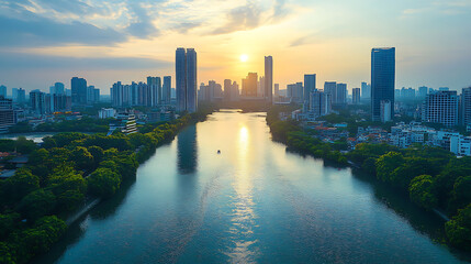 Fototapeta premium Urban Skyline with River and Sunset Reflection