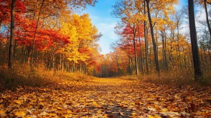 A Path Through an Autumnal Forest with Fallen Leaves