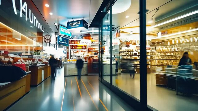 A bustling shopping mall with blurred motion effects, capturing shoppers and storefronts under bright artificial lights. Modern retail concept.

