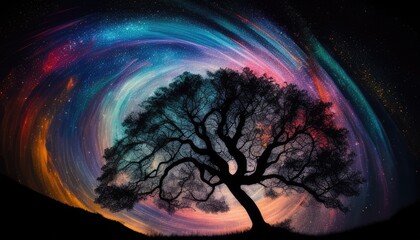 Silhouette of a tree with colorful swirling star trails in the night sky. Cosmic landscape. Background imahge of tree growing with vibrant color cosmic falling in starry sky. Surreal artwork. AIG51.