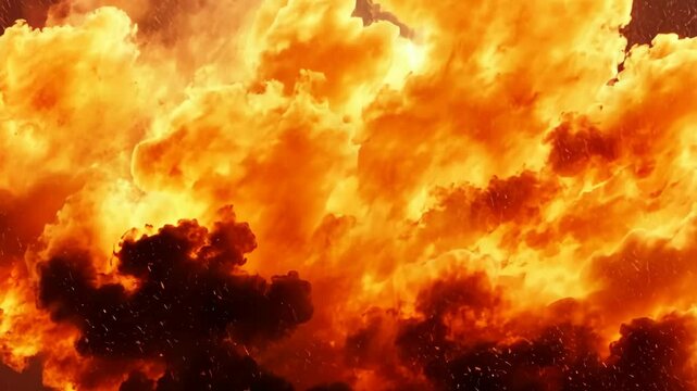 Explosive fireball and clouds of smoke, showcasing a massive, fiery explosion in vibrant orange and red tones.
