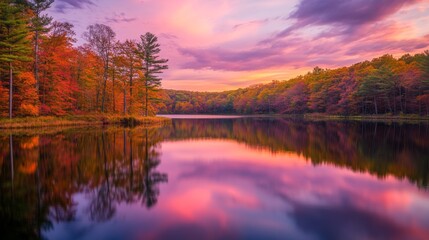 Obraz premium Serene Autumnal Lake Reflecting Pink Sunset Sky