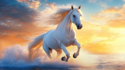 Obraz na płótnie Canvas White horse galloping in water during sunset