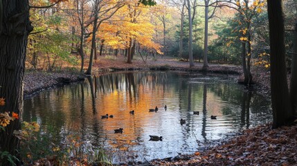 Fototapeta premium Ducks Swimming in a Forest Pond During Autumn