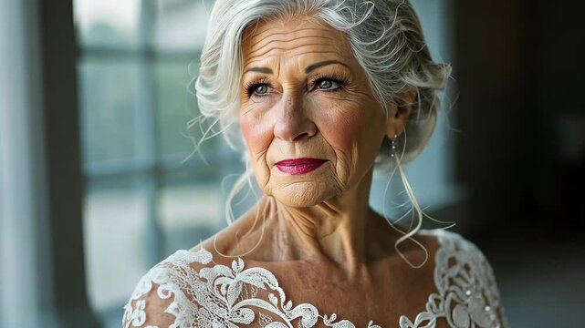 Elegant older woman in a white lace wedding dress, gazing thoughtfully out a large window.
