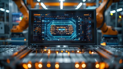 monitor in the manufacturing plant showing a dashboard of potential errors and recommendations from a 3D scanned model of the part being held by robot arms in an advanced manufacturing plant