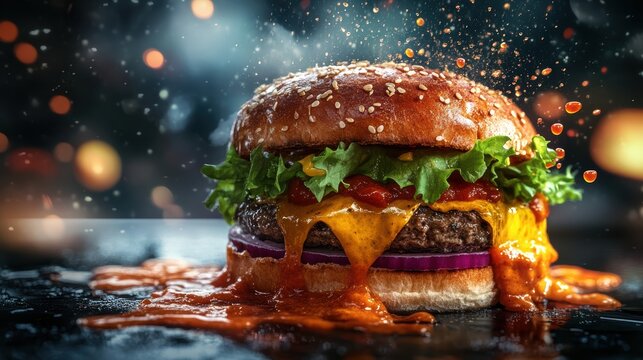 burger with splashing souce, colorful, hamburger, space, wallpaper, advertising photorealistic.