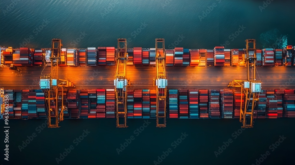 Poster Aerial View of Bustling Shipping Port with Towering Containers and Busy Logistics
