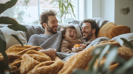 A modern LGBTQ+ family having a cozy breakfast in bed, with two parents and their child laughing together, surrounded by soft pillows and warm blankets