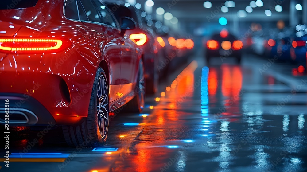 Poster innovative graphic of a smart parking lot equipped with iot sensors for efficient urban mobility