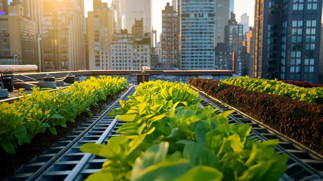 Urban rooftop garden with rows of vibrant green and red lettuce growing against the backdrop of skyscrapers at sunrise.
