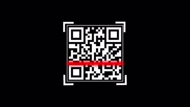 QR code animation. Scan qr code icon with red laser, barcode scanner animation on black background, QR code scanner animated.