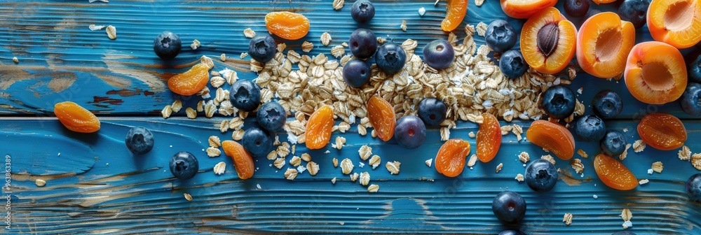 Sticker Flat lay of whole grain oatmeal garnished with apricot slices and blueberries on a weathered wooden surface.