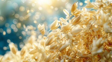 Oat flakes flying and forming into a liquid, with a beautiful lighting