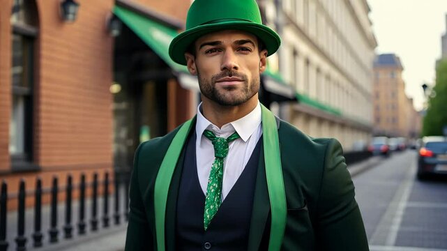 Handsome man wearing a green suit and hat, confidently posing on a city street, evoking a festive St. Patrick&rsquo;s Day celebration.
