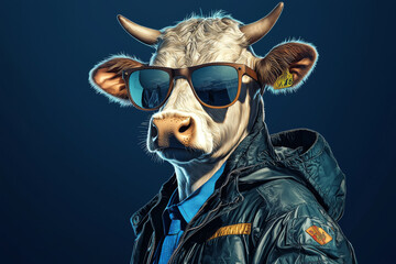 A stylized cow wearing sunglasses and a jacket, exuding a cool, urban vibe.