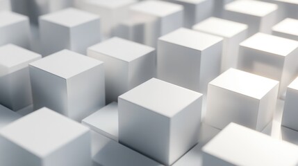 White geometric cubes arranged in a 3D render, with light and shadows highlighting the tech-inspired design.