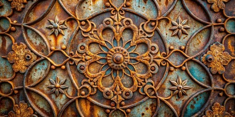 Close-up of weathered rusty metal with intricate patterns, textures, and tones, showcasing high contrast monochromatic beauty