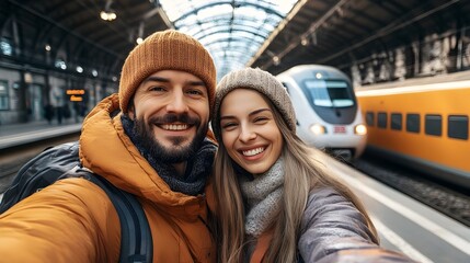 Fototapeta premium Young Couple Taking Selfie at Train Station with High Speed Train