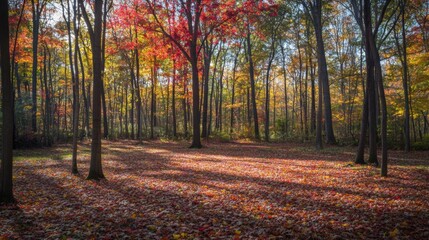 Fototapeta premium Sunlight Filtering Through Autumn Trees in a Forest