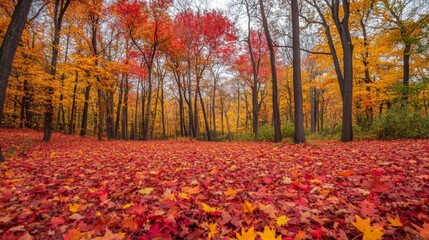 Fototapeta premium Autumn Forest Floor Covered in Red and Yellow Leaves