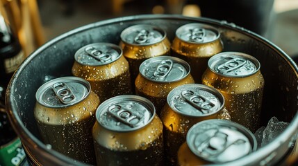 Cold Beer Cans In Ice Bucket Close Up