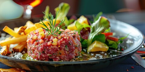 Bistro dish featuring raw beef tartare accompanied by fries and a side salad.
