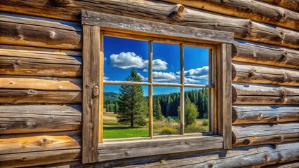 Fototapeta premium Reflection of colonial log cabin exterior wall in window against landscape backdrop with blue sky and trees