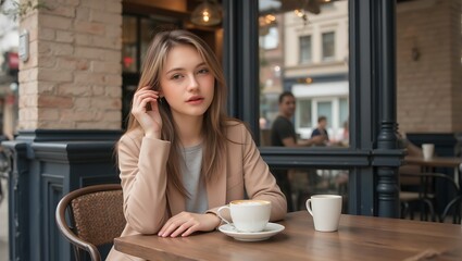 A warm-toned photograph captures an adult woman, dressed in modern attire, sipping a cup of coffee at a trendy cafe. Soft morning light pours through the large windows, illuminating her features