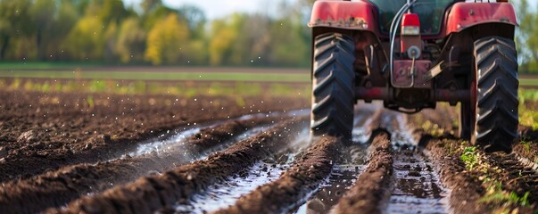 Obraz premium Tractor Wheels Leaving Tracks in Wet Soil