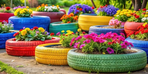 Fototapeta premium Colorful flower beds arranged in painted tires for DIY garden decoration